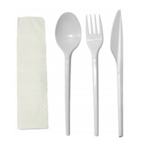 Zestaw sztućców plastikowych wielokrotnego użytku ECONOMY białe 100 opak.